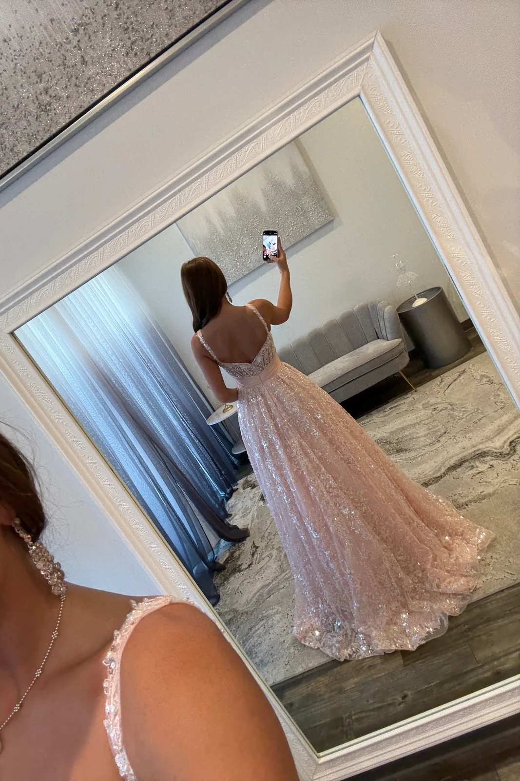 Spaghetti Straps Sequins Appliques Floor-Length A-Line Prom Dress with Bow