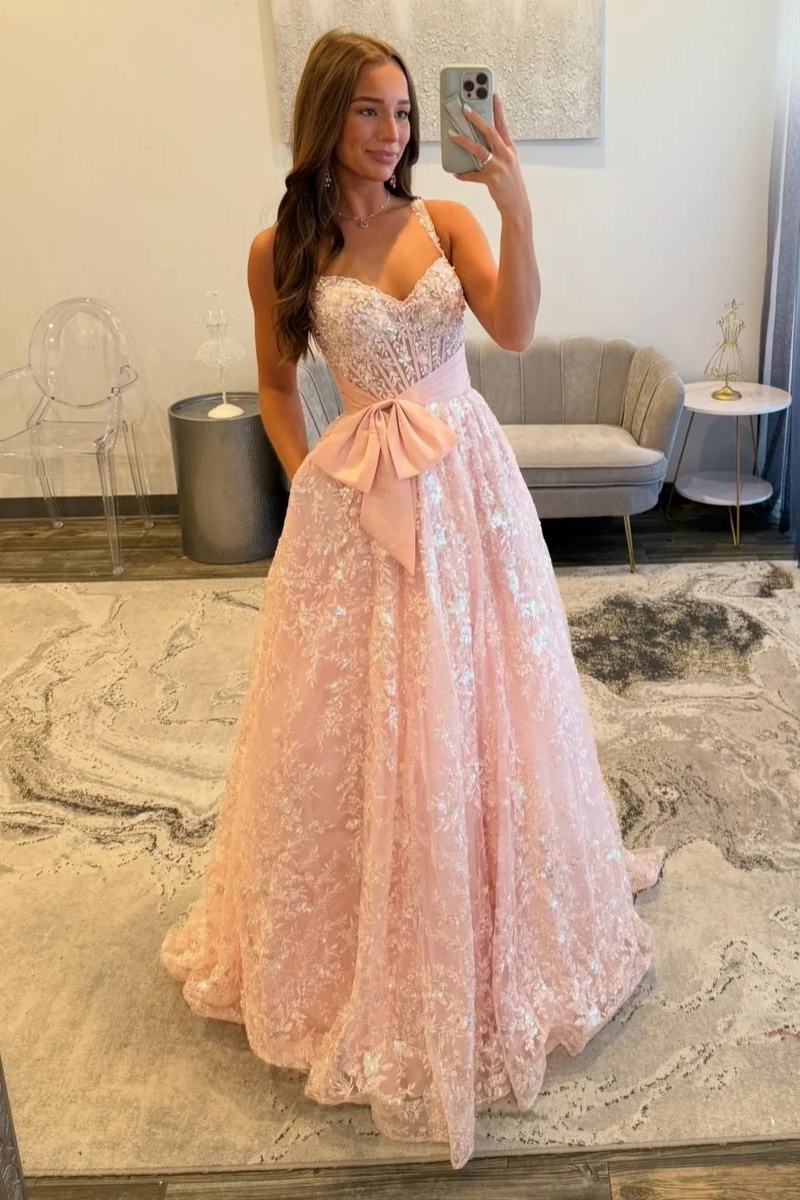 Spaghetti Straps Sequins Appliques Floor-Length A-Line Prom Dress with Bow