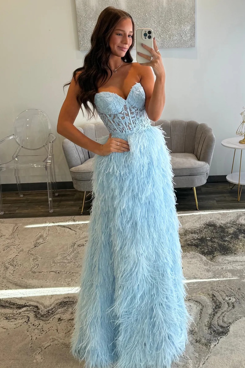 Sweetheart Lace Appliques Corset Floor-Length A-Line Prom Dress with Feathers