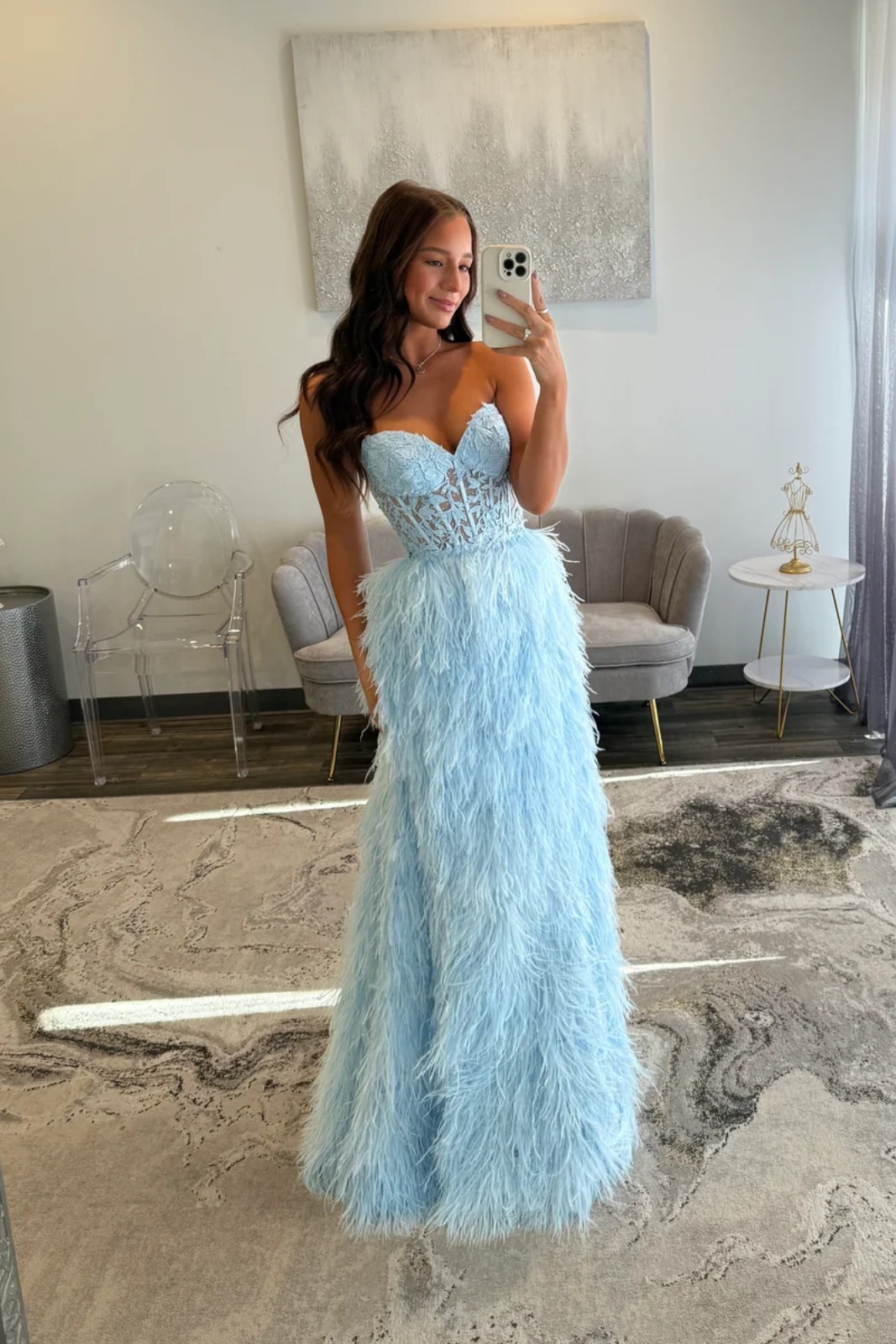 Sweetheart Lace Appliques Corset Floor-Length A-Line Prom Dress with Feathers