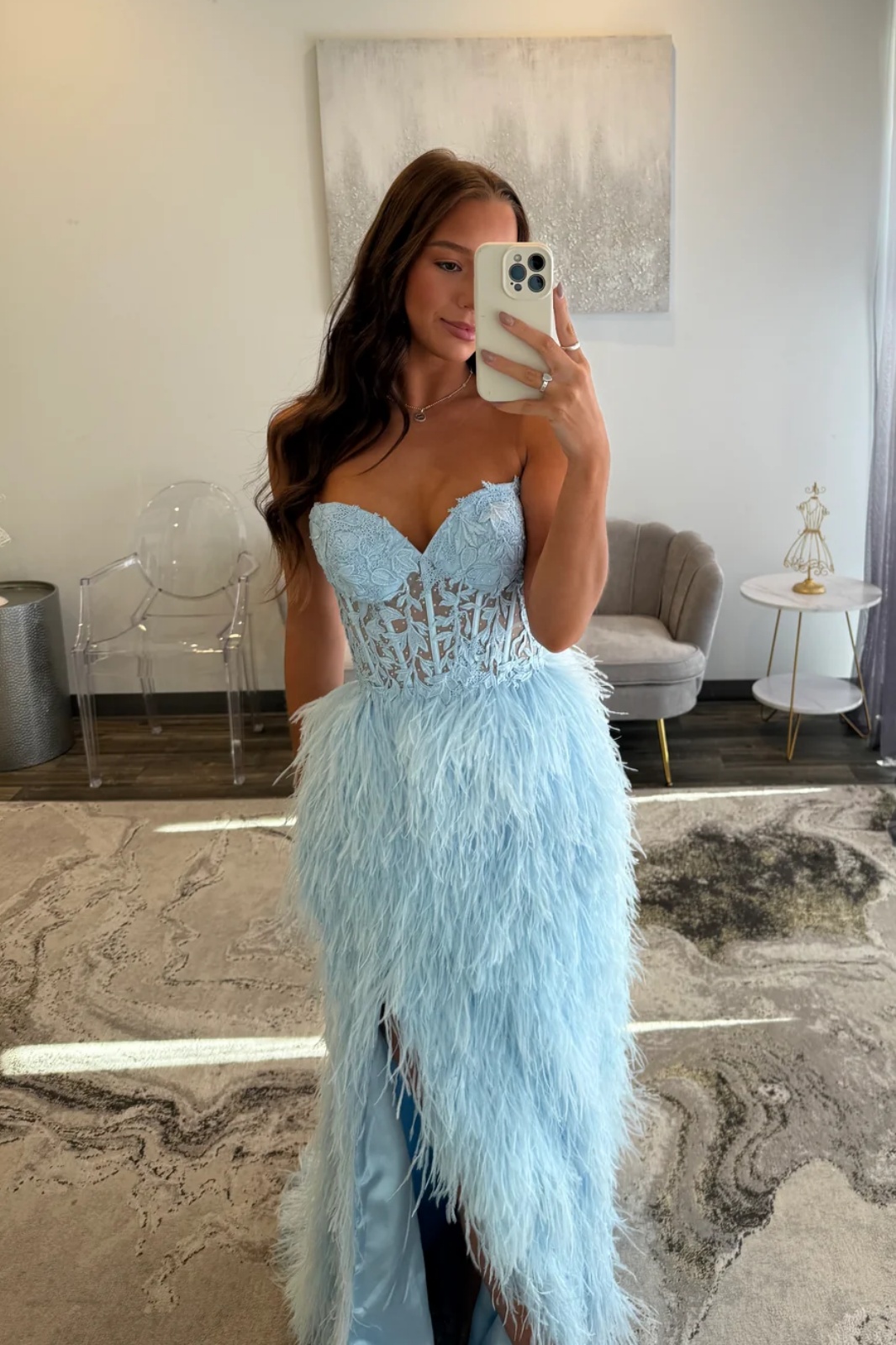 Sweetheart Lace Appliques Corset Floor-Length A-Line Prom Dress with Feathers