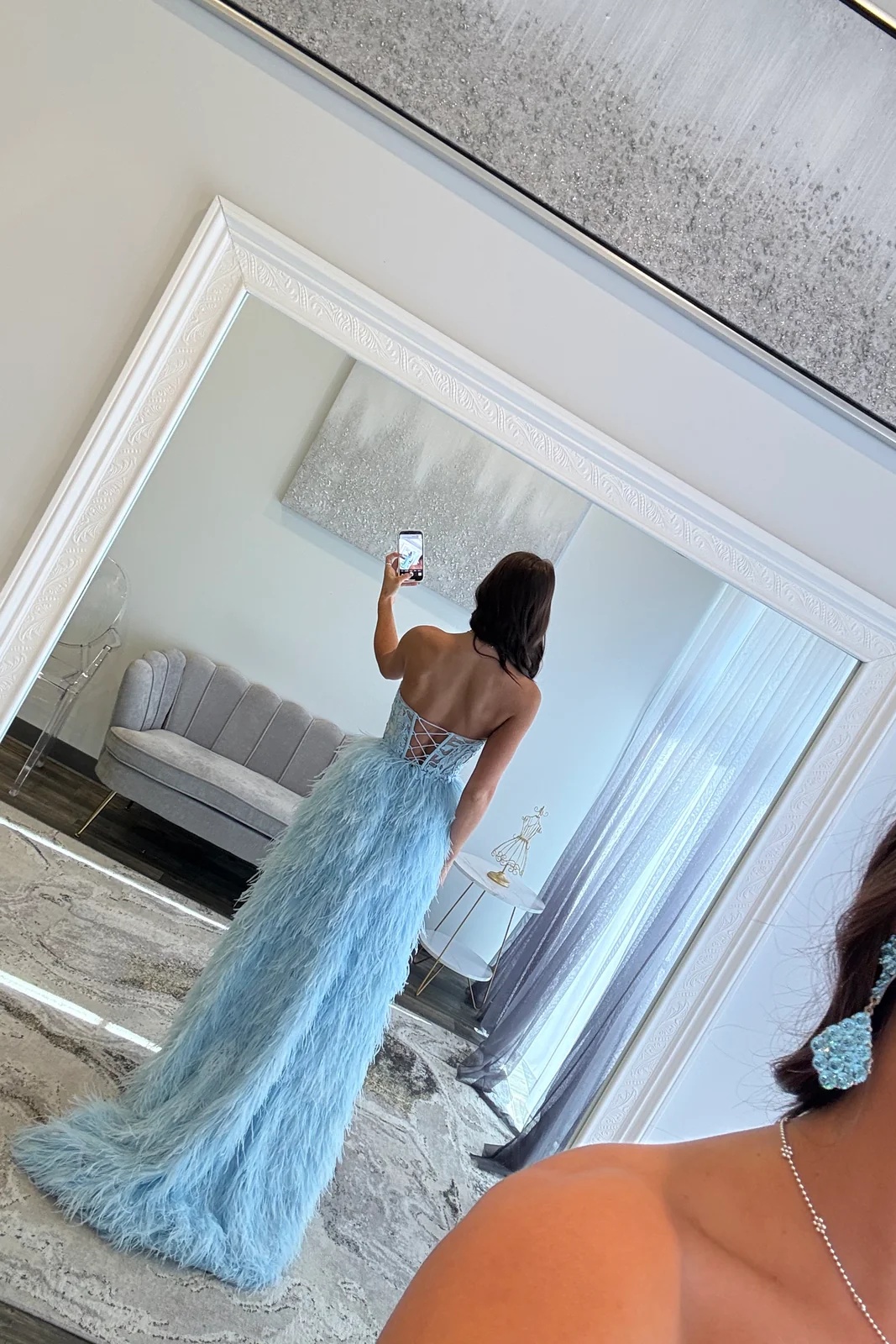 Sweetheart Lace Appliques Corset Floor-Length A-Line Prom Dress with Feathers