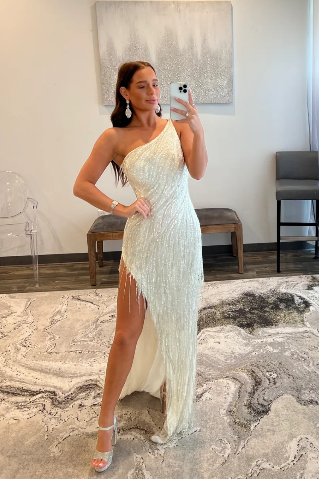One-Shoulder Sequins Beaded Tassel Floor-Length Prom Dress with Split