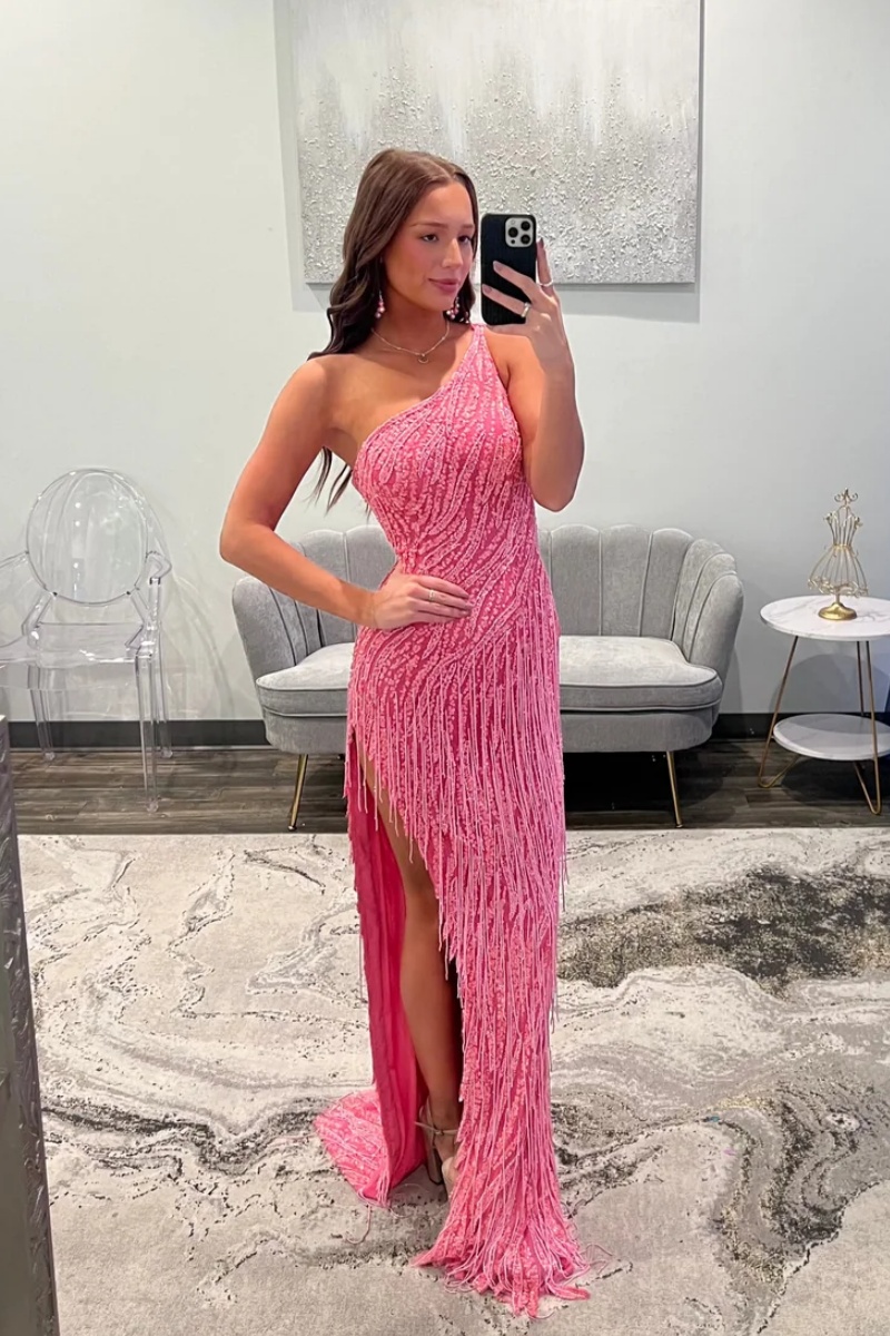 One-Shoulder Sequins Beaded Tassel Floor-Length Prom Dress with Split