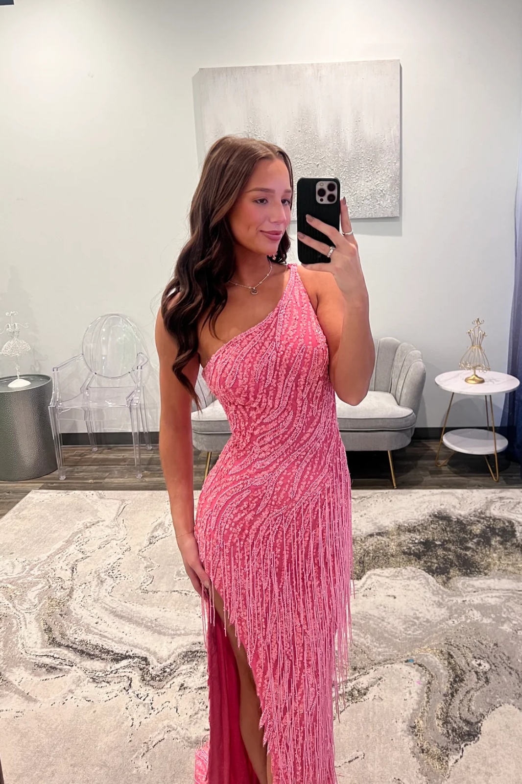 One-Shoulder Sequins Beaded Tassel Floor-Length Prom Dress with Split