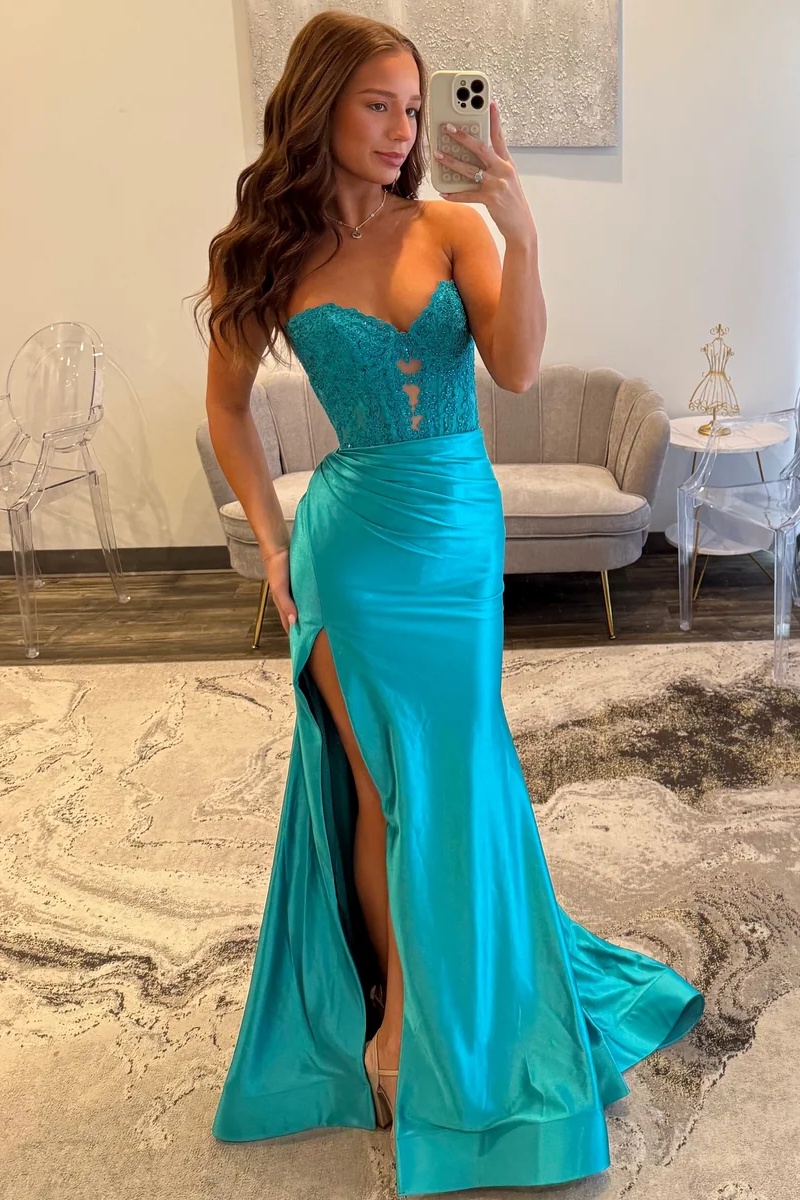 Sweetheart Lace Appliques Satin Floor-Length Mermaid Prom Dress with Split