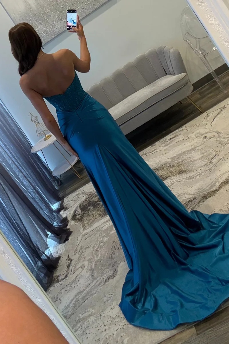 Sweetheart Lace Appliques Satin Floor-Length Mermaid Prom Dress with Split