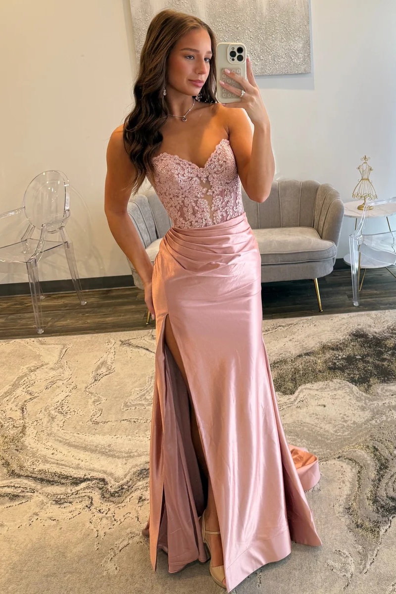 Sweetheart Lace Appliques Satin Floor-Length Mermaid Prom Dress with Split