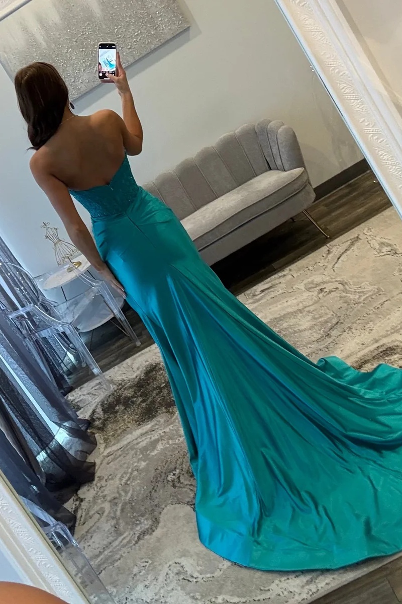 Sweetheart Lace Appliques Satin Floor-Length Mermaid Prom Dress with Split