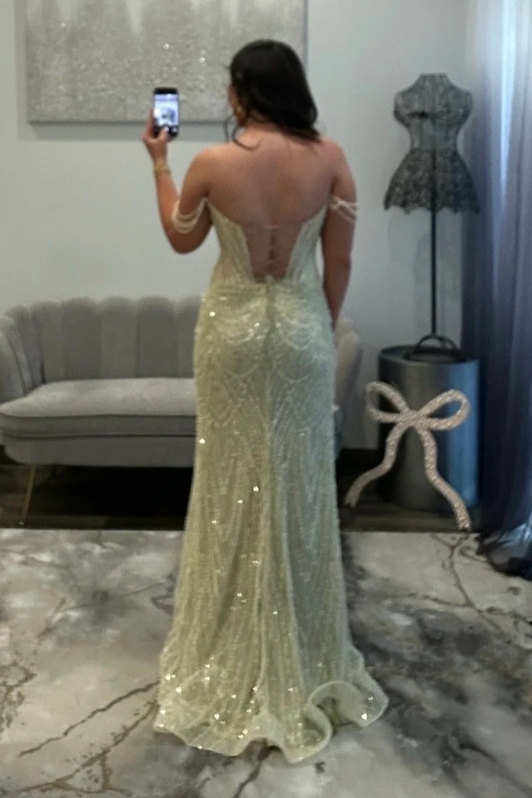 Off-the-Shoulder Beaded Floor-Length Mermaid Prom Dress with Split
