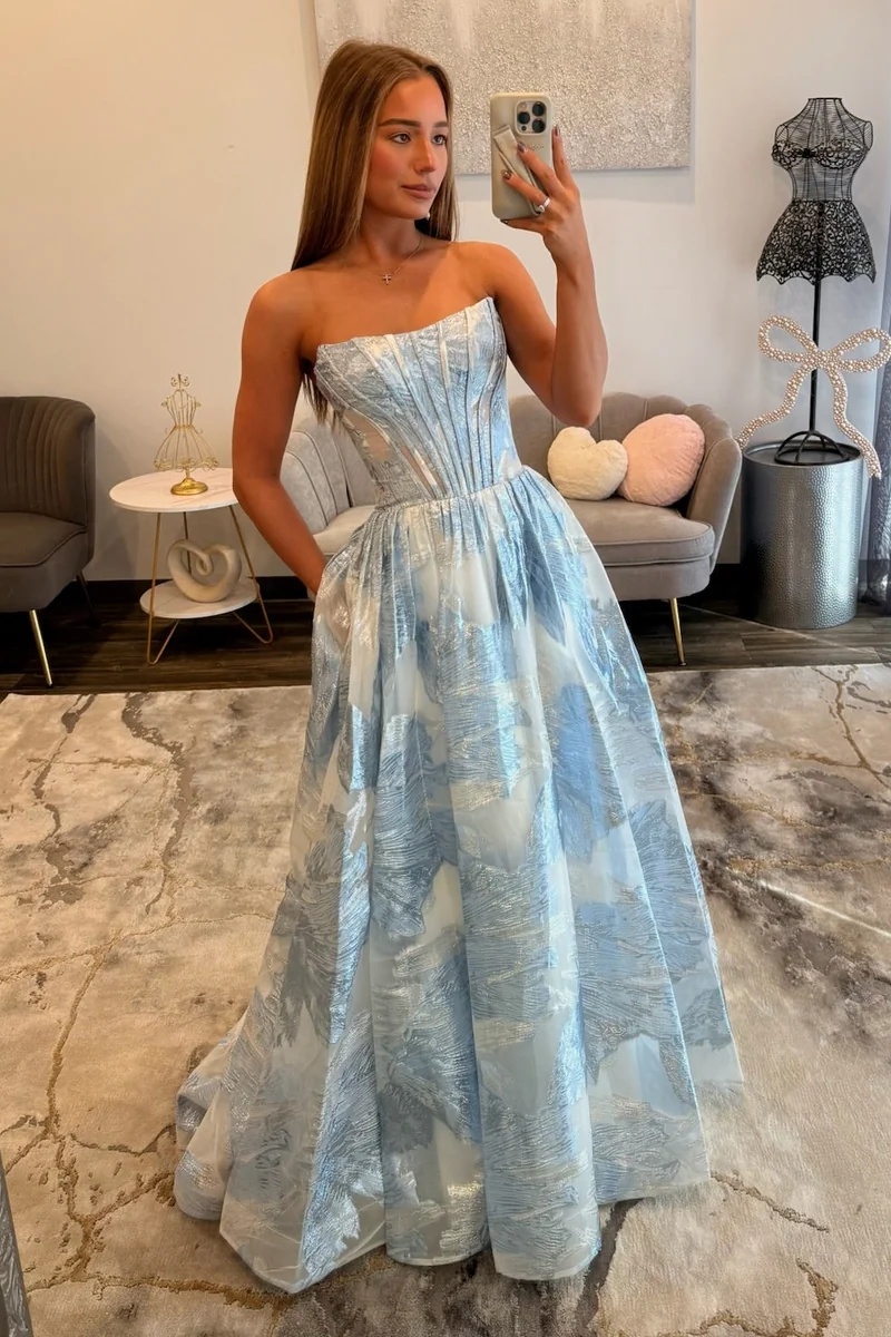 Strapless Satin Corset Lace-up Floor-Length Mermaid Prom Dress with Pockets