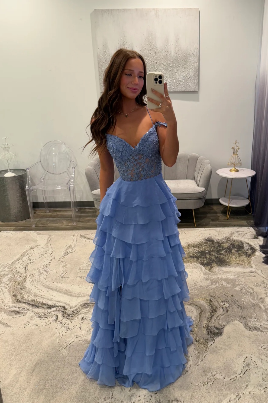 Spaghetti Straps Lace Appliques Chiffon Ruffles Floor-Length A-Line Prom Dress