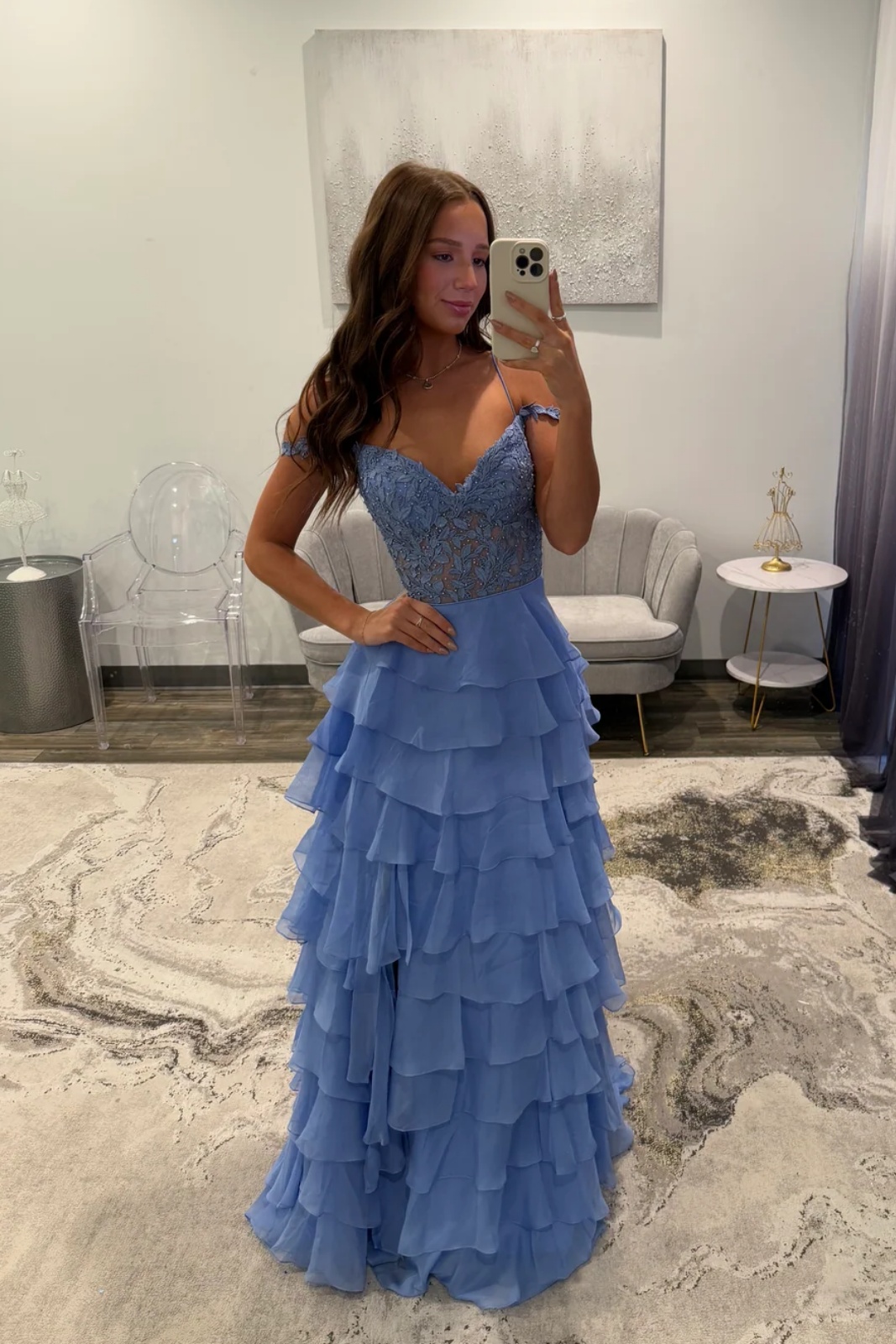 Spaghetti Straps Lace Appliques Chiffon Ruffles Floor-Length A-Line Prom Dress