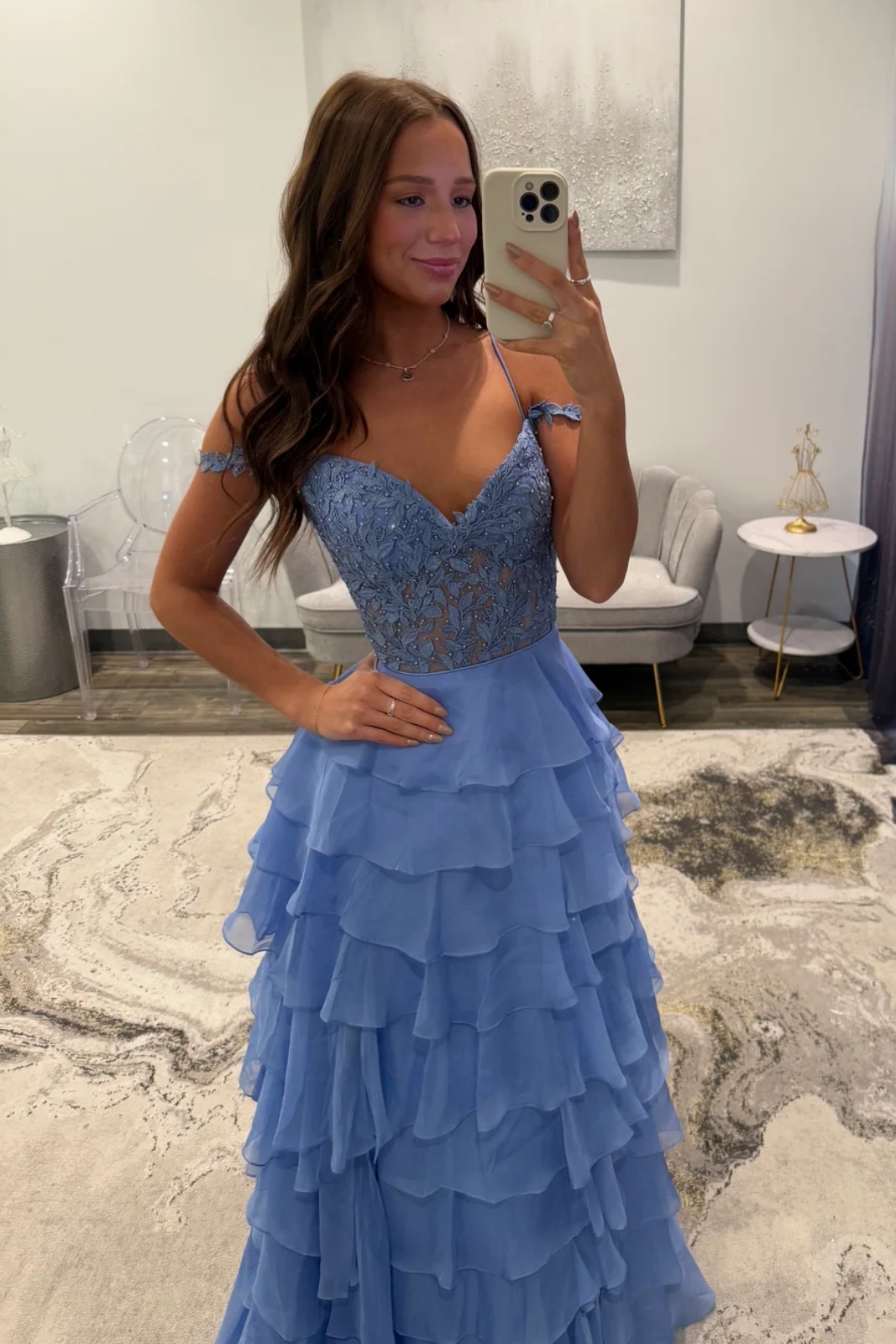 Spaghetti Straps Lace Appliques Chiffon Ruffles Floor-Length A-Line Prom Dress