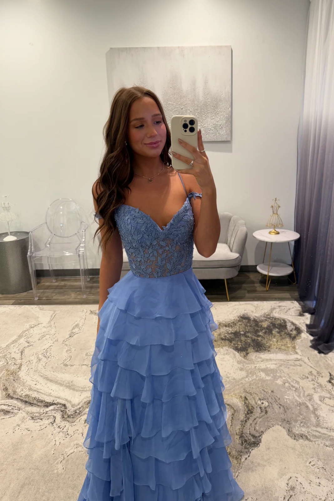 Spaghetti Straps Lace Appliques Chiffon Ruffles Floor-Length A-Line Prom Dress