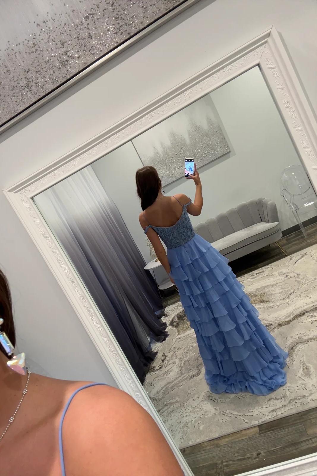 Spaghetti Straps Lace Appliques Chiffon Ruffles Floor-Length A-Line Prom Dress