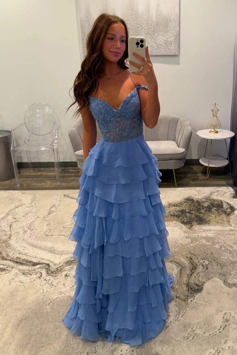 Spaghetti Straps Lace Appliques Chiffon Ruffles Floor-Length A-Line Prom Dress