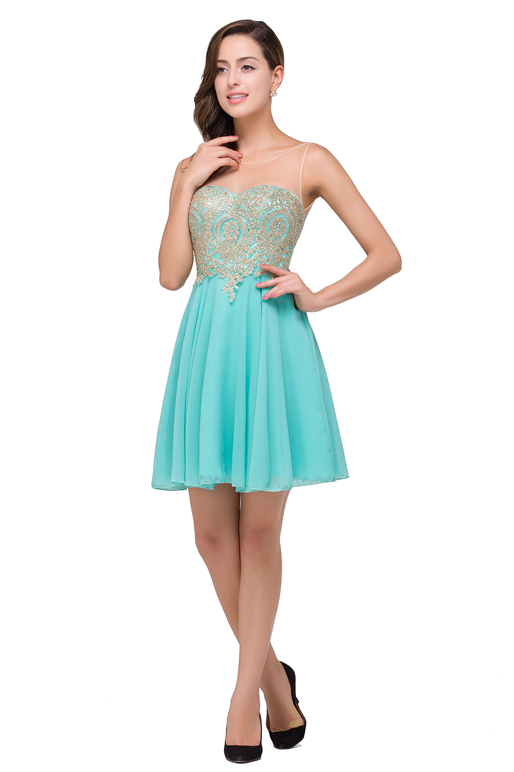 Appliques Elegant Short Sleeveless Chiffon Prom Dresses
