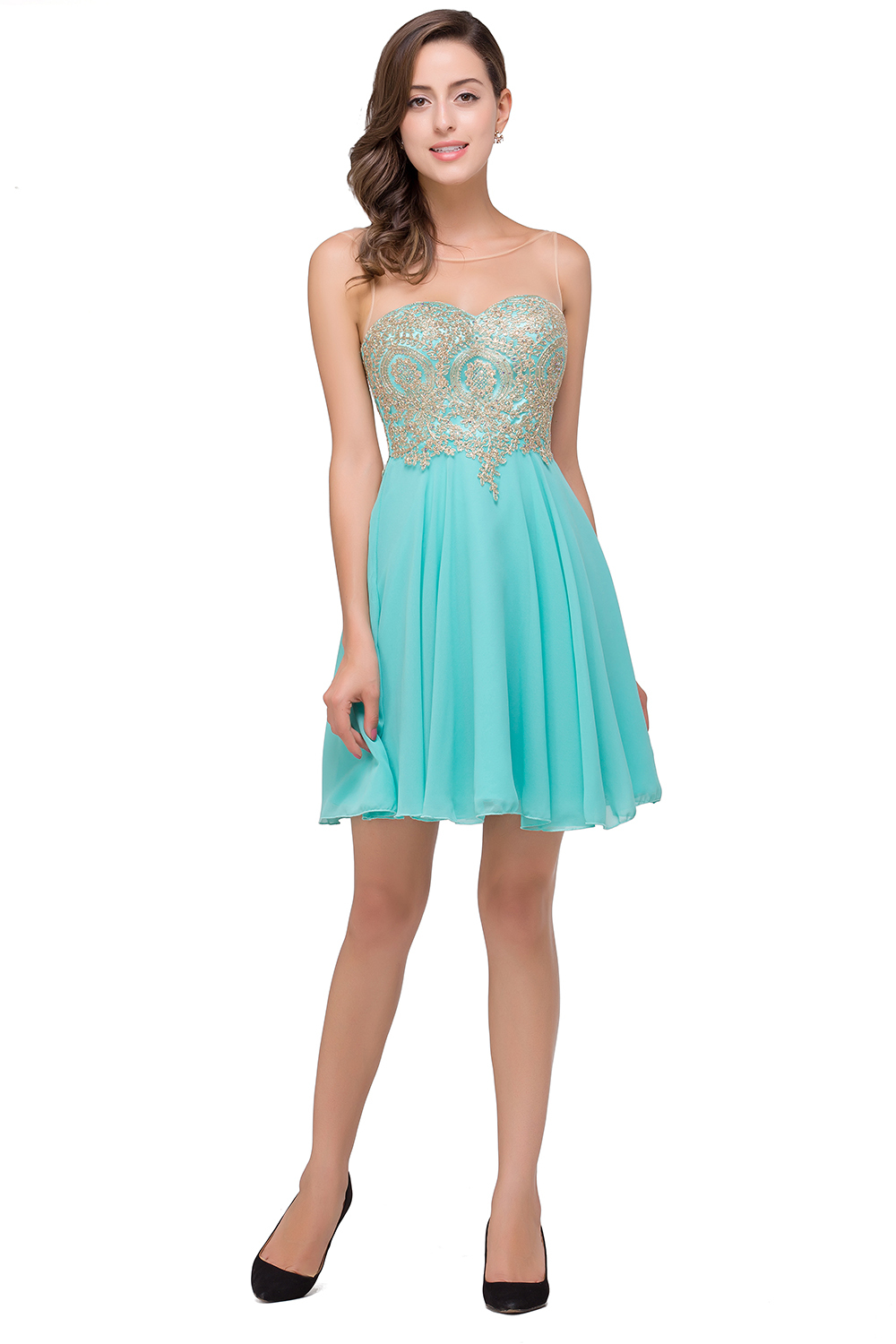 Appliques Elegant Short Sleeveless Chiffon Prom Dresses