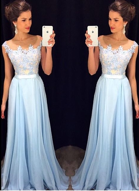 Appliques Long Prom Dresses | Cap Sleeves Evening Gowns with Sash