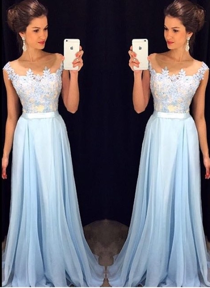 Appliques Long Prom Dresses | Cap Sleeves Evening Gowns with Sash
