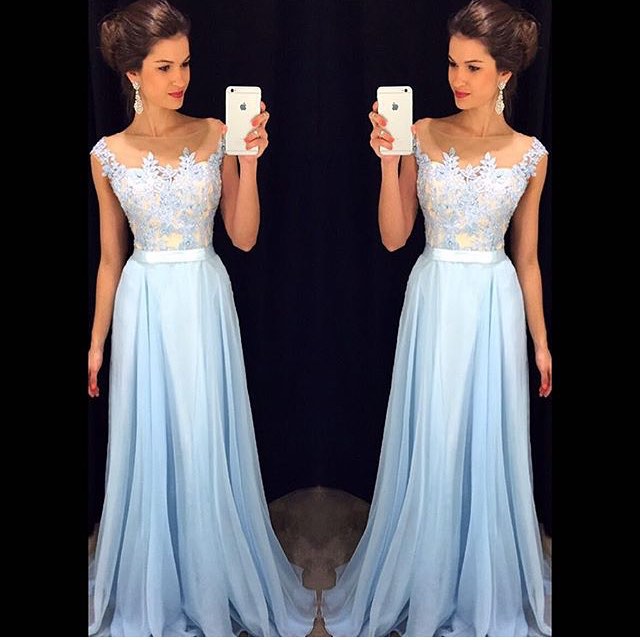 Appliques Long Prom Dresses | Cap Sleeves Evening Gowns with Sash