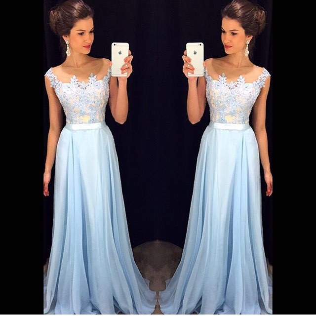 Appliques Long Prom Dresses | Cap Sleeves Evening Gowns with Sash