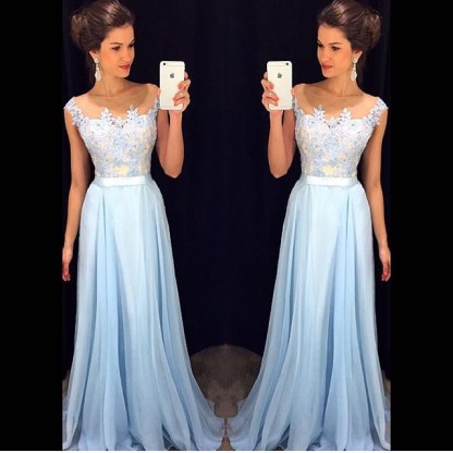 Appliques Long Prom Dresses | Cap Sleeves Evening Gowns with Sash