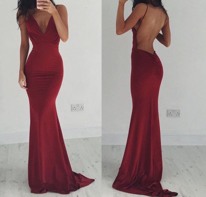 Backless Burgundy Stretchy Spaghettis-Straps Sheath Prom Dresses