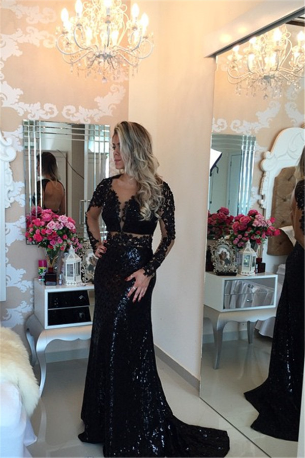 Black Long Sleeves Sequined Prom Dresses Lace Appliques Evening Gowns BT00