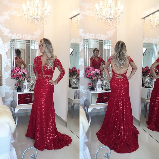Black Long Sleeves Sequined Prom Dresses Lace Appliques Evening Gowns BT00