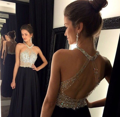 Sexy Black Prom Dresses Halter Neck Crystals Bodice Open Back Chiffon Long Evening Gowns