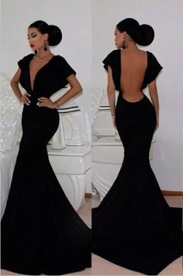 Black Velvet Mermaid Prom Dresses Deep V-neck Open Back Cap Sleeves Long Sexy Evening Gowns