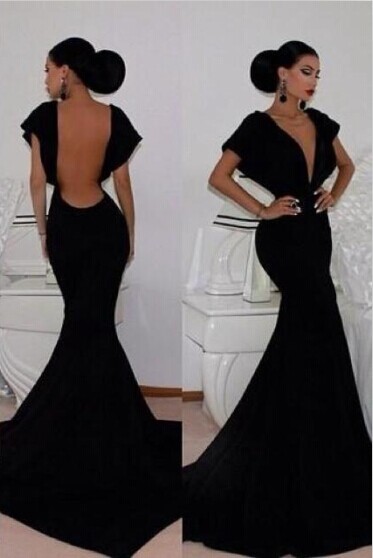 Black Velvet Mermaid Prom Dresses Deep V-neck Open Back Cap Sleeves Long Sexy Evening Gowns