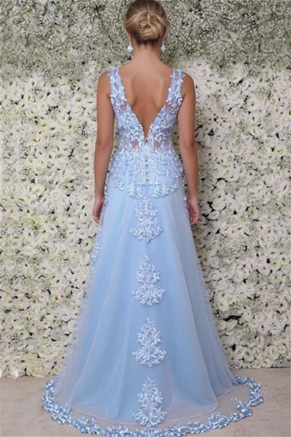 Blue Straps Appliques Sleeveless Tulle A-Line Prom Dresses