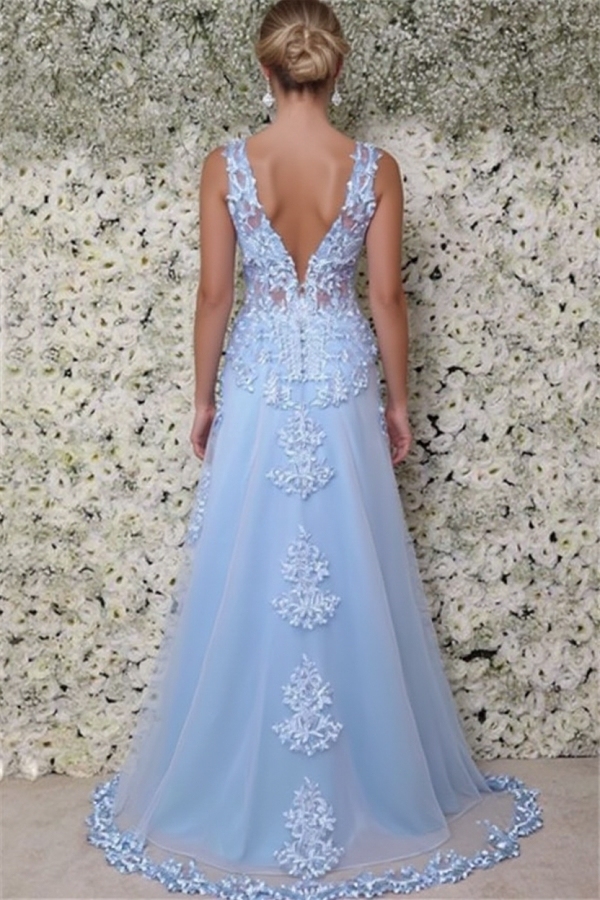 Blue Straps Appliques Sleeveless Tulle A-Line Prom Dresses