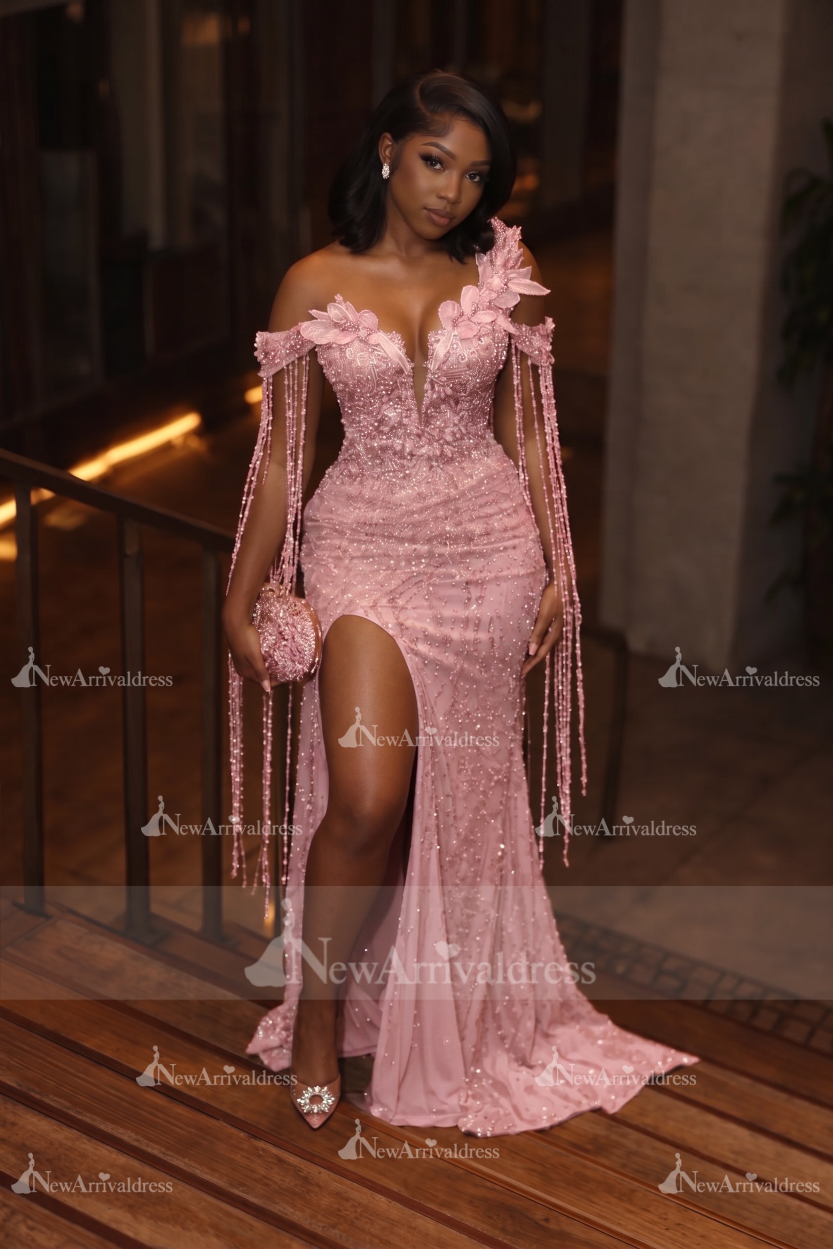 Asymmetric  Sequins Prom Dress Sleeveless Mermaid Gold Evening Gown with Tassels
