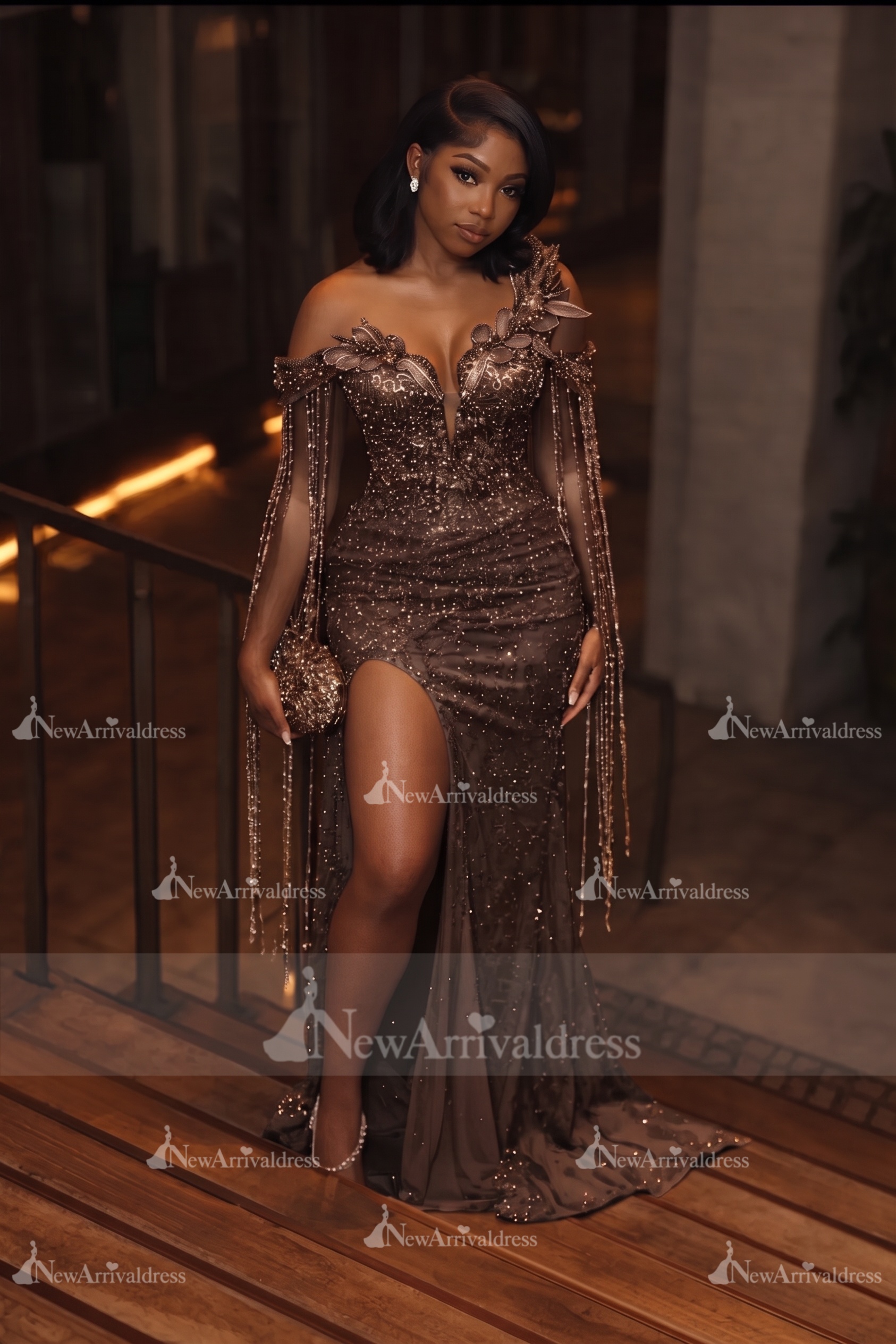 Asymmetric  Sequins Prom Dress Sleeveless Mermaid Gold Evening Gown with Tassels