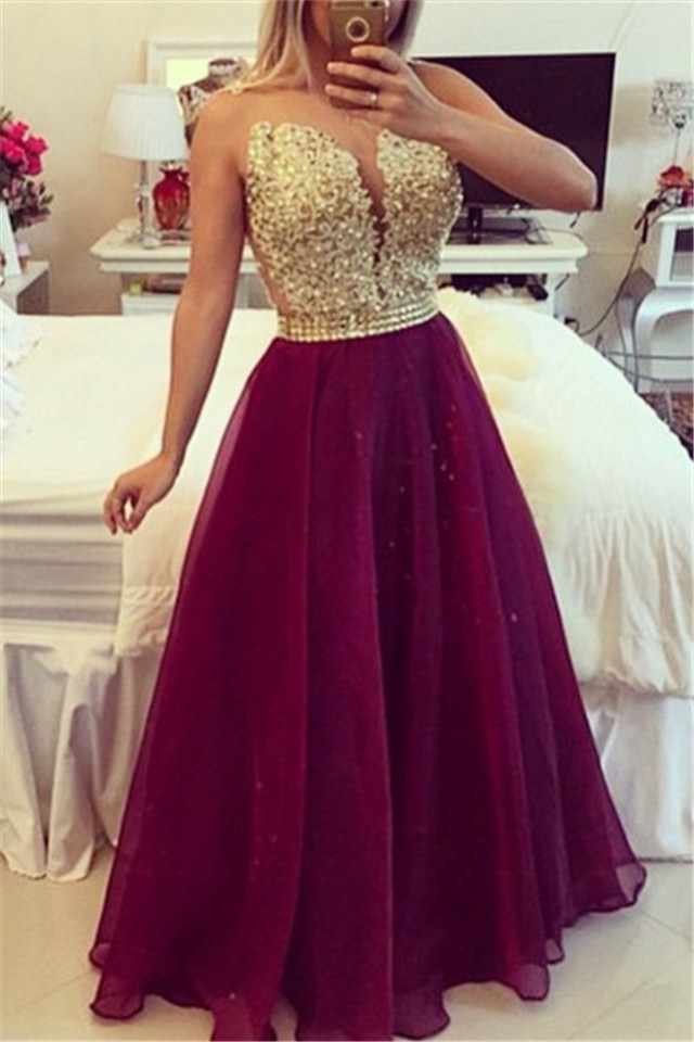 Gold Lace Applique Burgundy Prom Dresses Sheer Tulle Floor Length Graduation Dress BT00