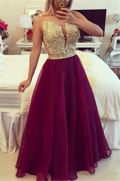 Gold Lace Applique Burgundy Prom Dresses Sheer Tulle Floor Length Graduation Dress BT00