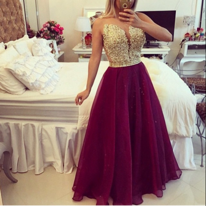Gold Lace Applique Burgundy Prom Dresses Sheer Tulle Floor Length Graduation Dress BT00