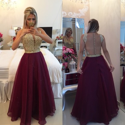 Gold Lace Applique Burgundy Prom Dresses Sheer Tulle Floor Length Graduation Dress BT00