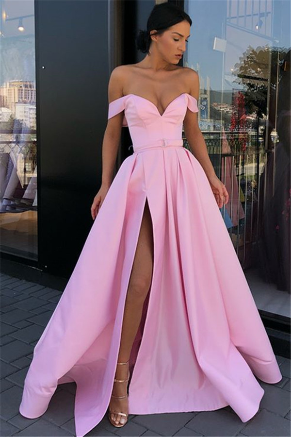 Candy Pink Sexy Side Slit Prom Dresses | Off The Shoulder Long Formal Evening Gowns
