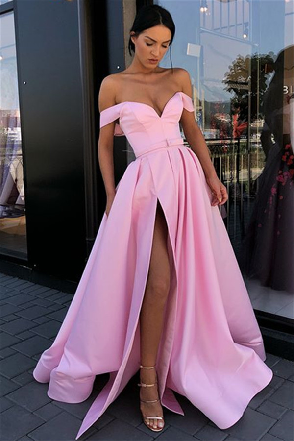 Candy Pink Sexy Side Slit Prom Dresses | Off The Shoulder Long Formal Evening Gowns