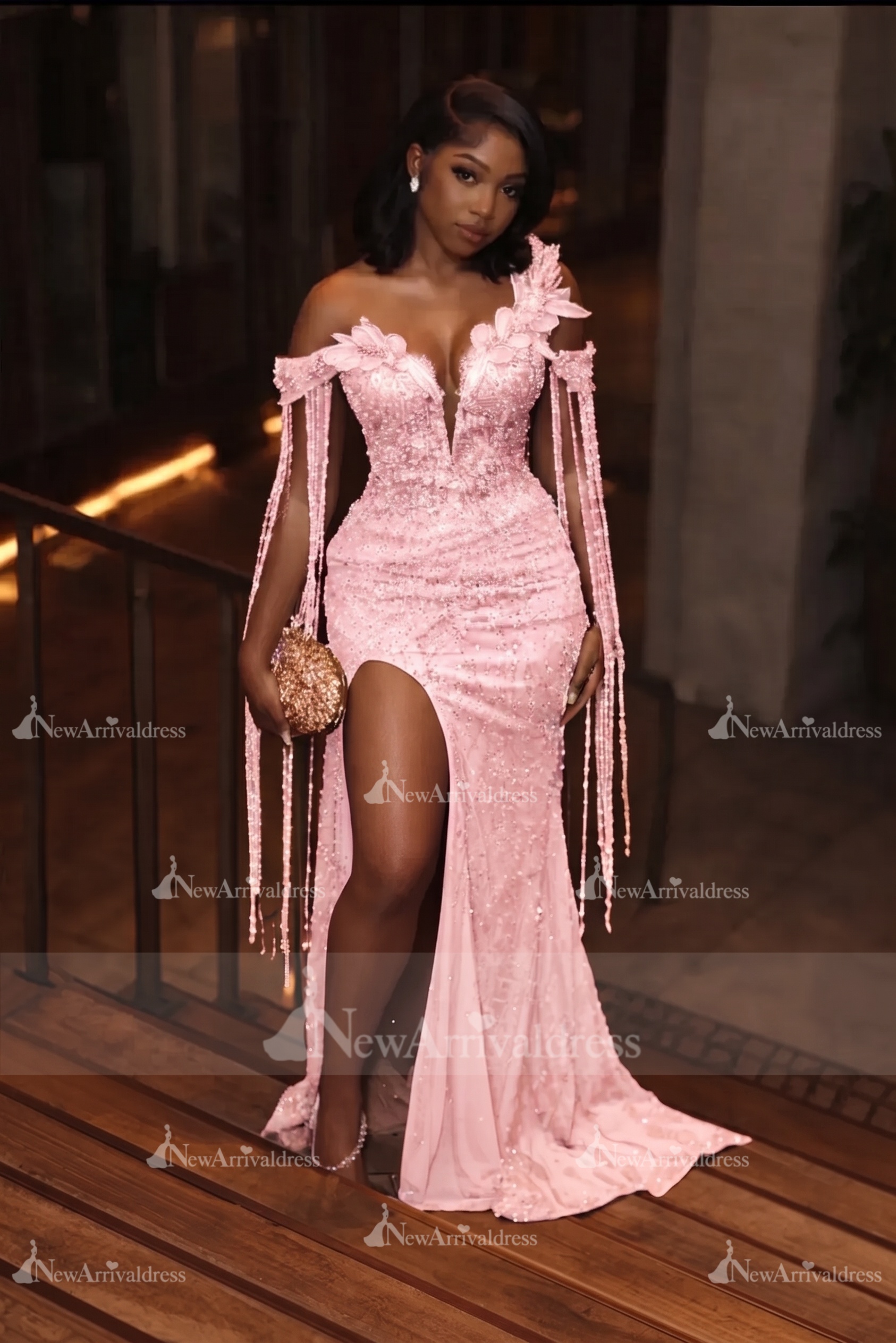 Asymmetric  Sequins Prom Dress Sleeveless Mermaid Gold Evening Gown with Tassels