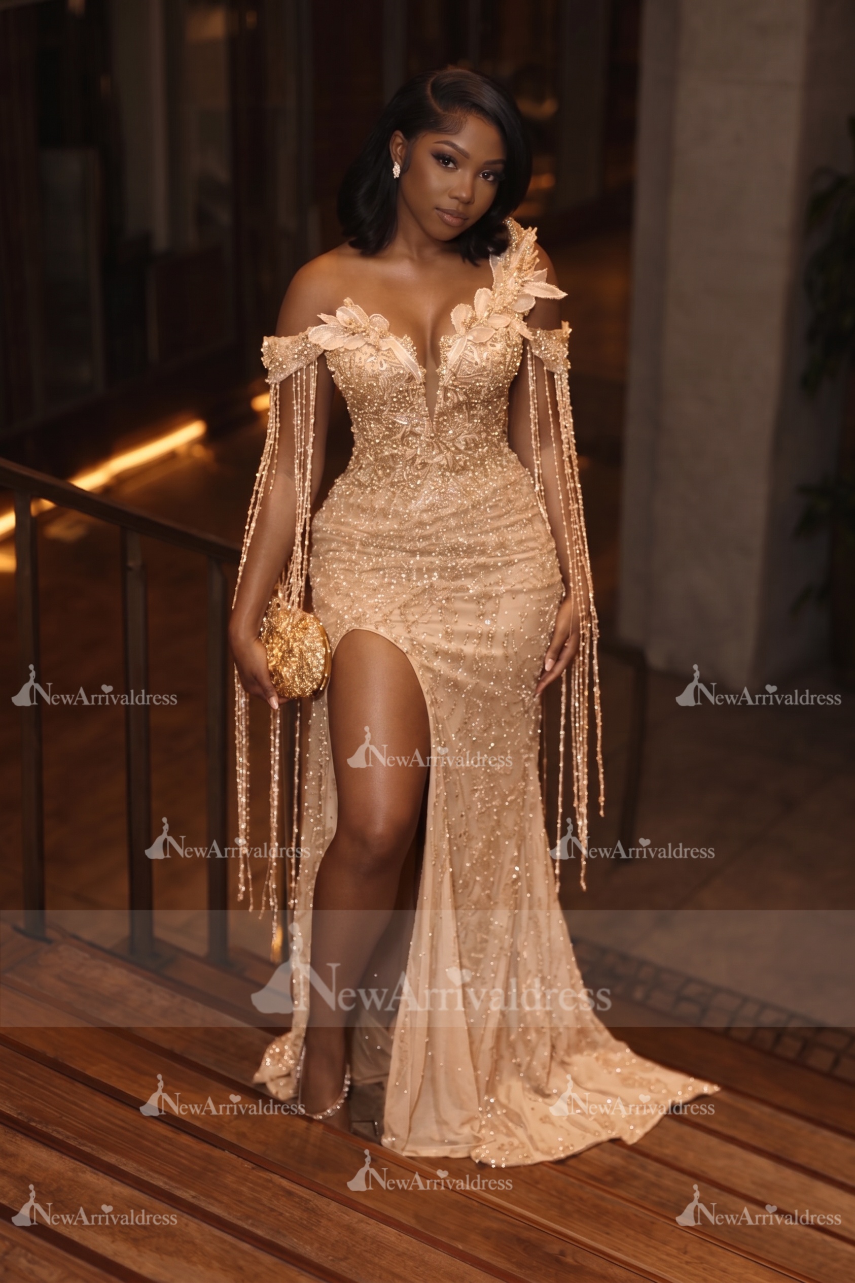 Asymmetric  Sequins Prom Dress Sleeveless Mermaid Gold Evening Gown with Tassels