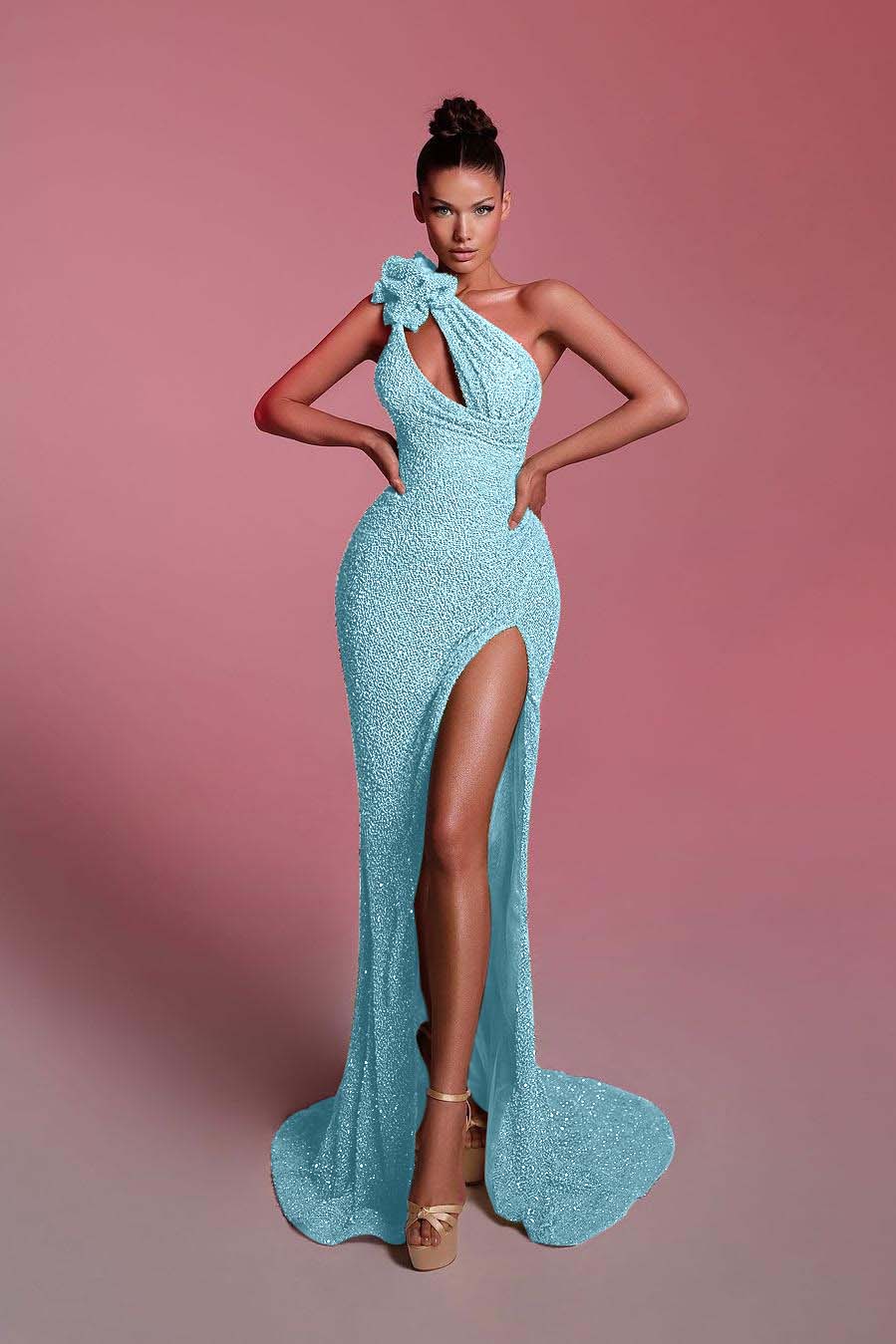 One-Shoulder Sleeveless Sequins Mermaid Evening Dress with High Split
