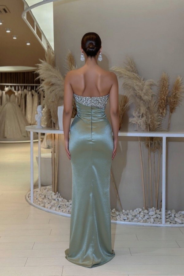 Chic Strapless Shiny Crystals Satin Long Prom Dress Side Slit Evening Wear Dress