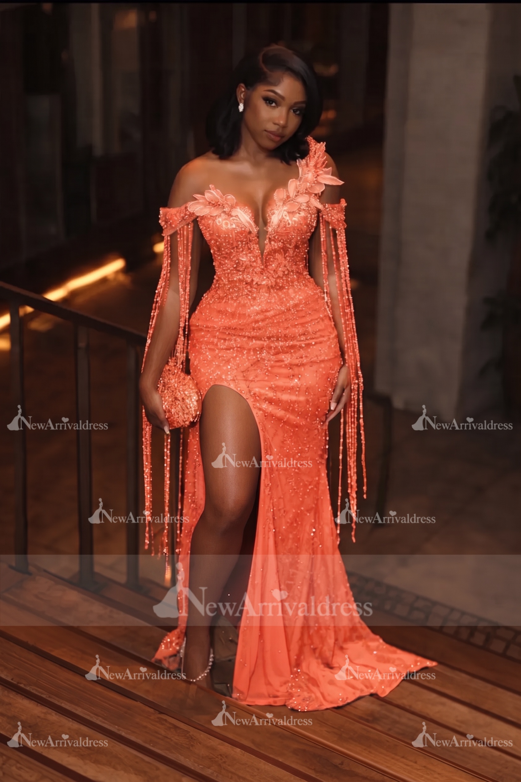 Asymmetric  Sequins Prom Dress Sleeveless Mermaid Gold Evening Gown with Tassels