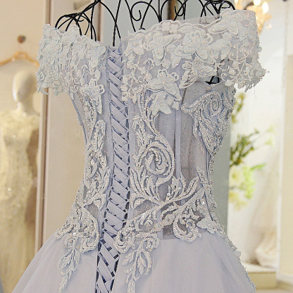 Court Train Off-The-Shoulder A-Line Applique Tulle Prom Dresses